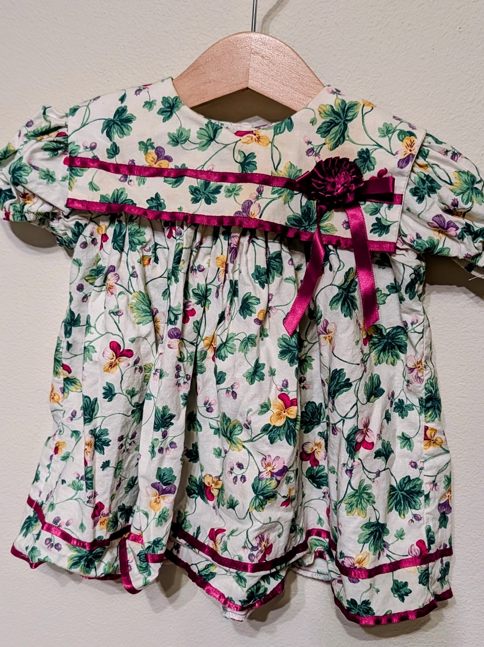 Vintage Ruth of Carolina Floral Baby Dress – Pansy Print & Satin Ribbon Trim